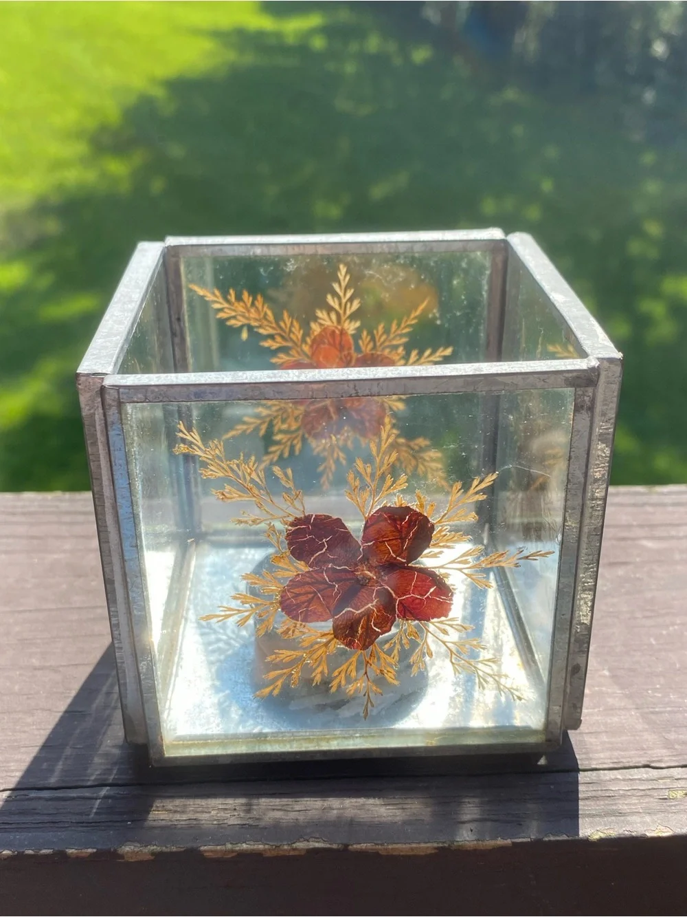 Glass Floral Accent Cube - Clear with Gold & Red Leaf Motif